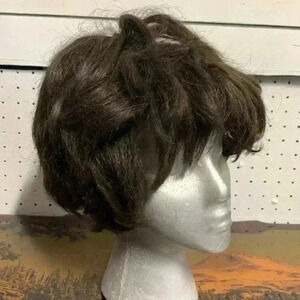 Vintage Wig Dark Brown Short Bowl Cut Layered Ugly Old Unisex Costume 60s 70s